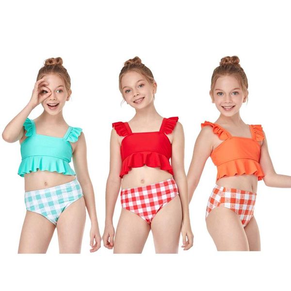 

est girl swimwear toddler kids baby girls summer small ruffle solid color plaid split swimsuit bathing suit beachwear one-pieces, Black