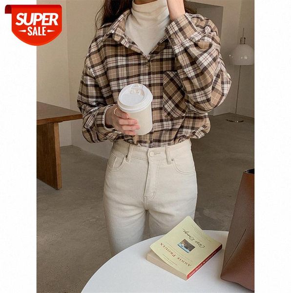 

tg plaid shirt women korean retro lapel long sleeve loose single breasted 13516 #pt3k, Black;gray