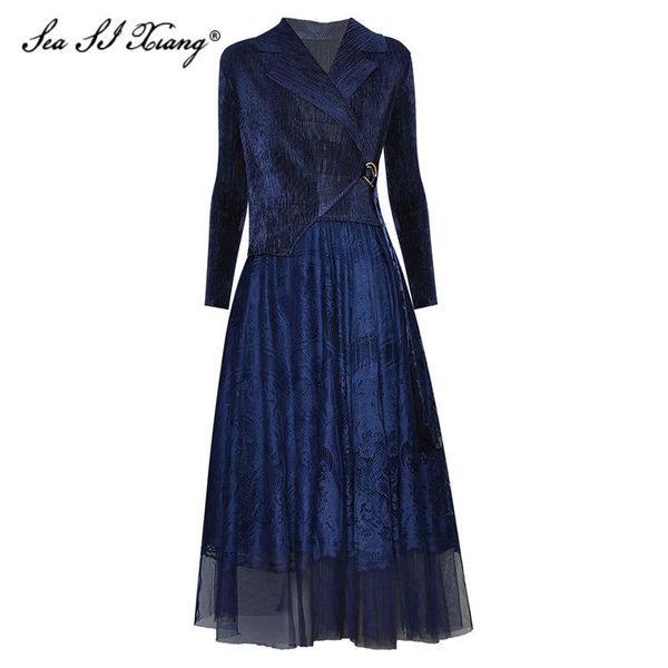 

casual dresses seasixiang fashion designer spring dress women's long sleeve lace patchwork turn-down collar, Black;gray