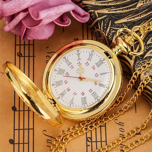 Squisito orologio da tasca in oro giallo di lusso con intaglio vintage con numero romano, cassa con display analogico al quarzo, collana, orologio a catena, Reloj Gift288y