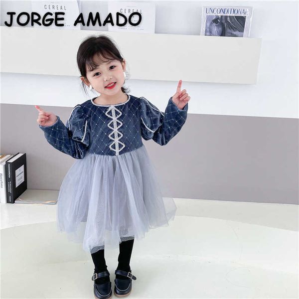 

spring girls party dresses long puff sleeves velvet ice and snow princess girl clothes e7048 210610, Red;yellow