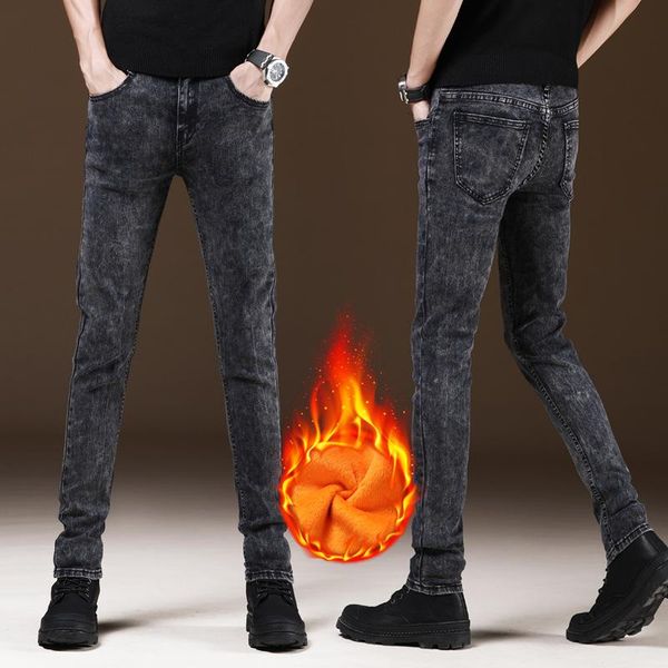 

men's jeans winter fleece casual slim straight pencil pants fashion street tight denim trousers, Blue