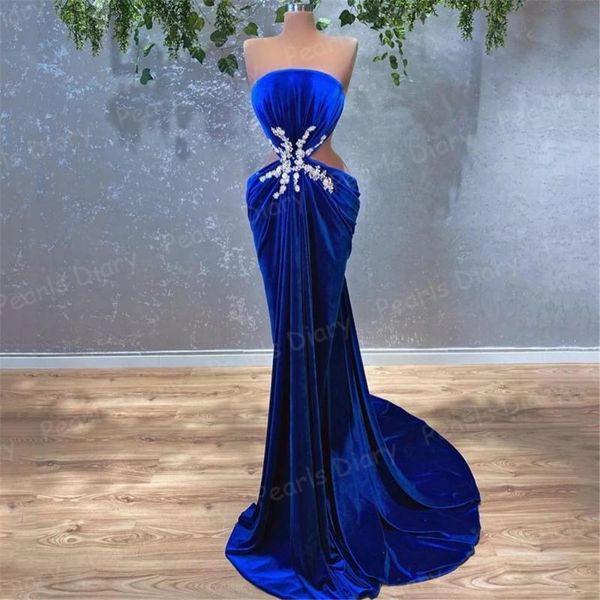 

party dresses arabic soft velvet evening royal blue cut out prom dress 2021 strapless beading long cocktail gowns robes, White;black