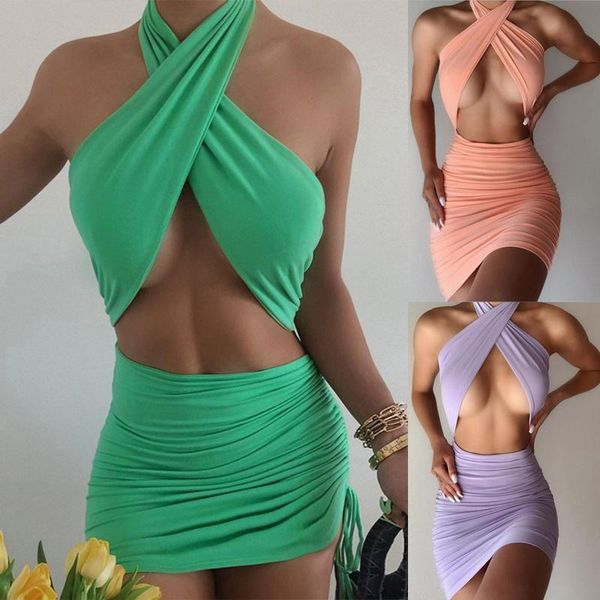 

casual dresses vacation mini for women summer fashion halter slim hollow hip dress party cut out backless bodycon 2021, Black;gray