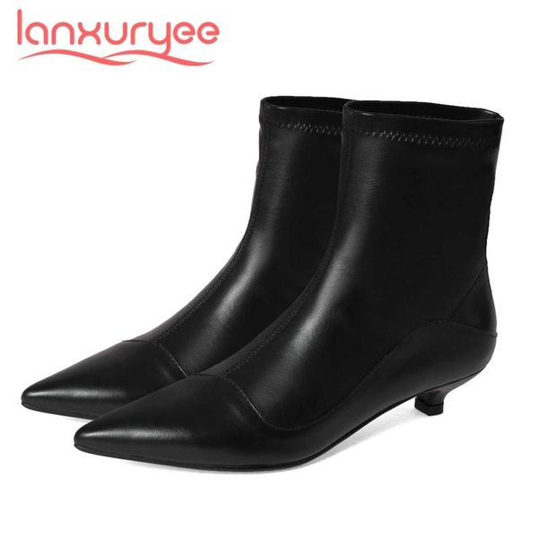 

boots lanxuryee stretch cow leather korean street pointed toe thin med heel slip on office lady daily wear basic ankle l62, Black