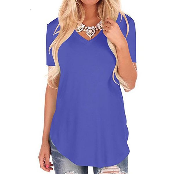 

summer t shirt large sizes women t-shirt solid v neck short sleeve rounded hem long tshirt casual female tunic, White