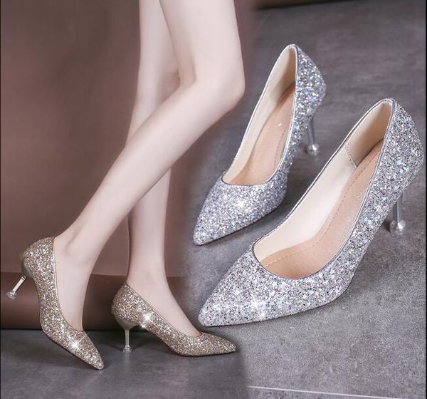 

dress shoes large size style wedding bride high-heeled pointy bridesmaid gold powder crystal banquet bling high heels, Black