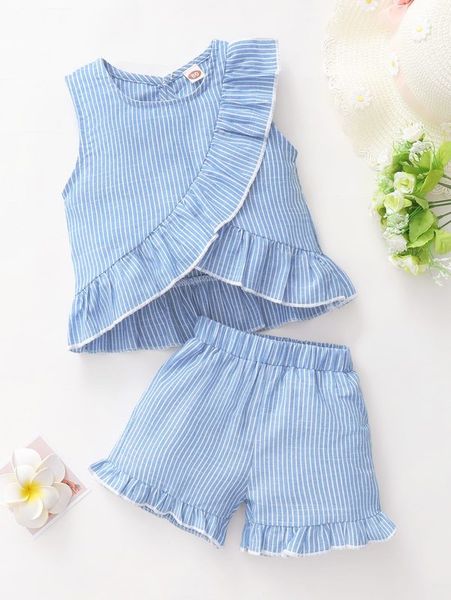 

baby striped ruffle trim wrap hem & shorts she, White