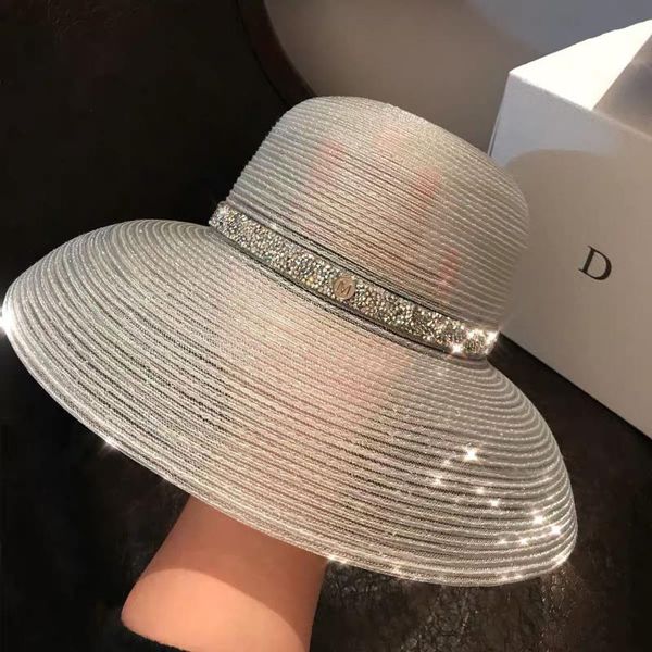 

wide brim hats summer panama bucket hat for women outdoor bright silk lampshade straw fashion light luxury big, Blue;gray