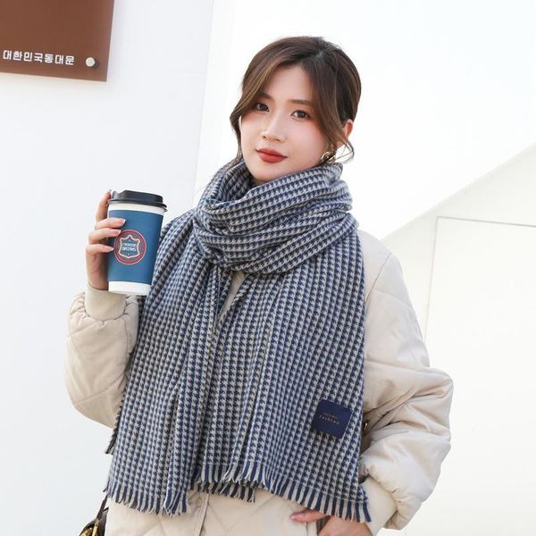 

scarves 2021korean autumn and winter label thousand bird grid imitation cashmere women's scarf thickened warm long tassel with shawl, Blue;gray