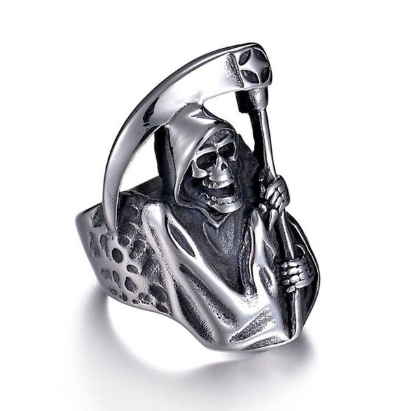 

cluster rings vintage punk style stainless grim reaper skull ring for men halloween men's gift sp288, Golden;silver