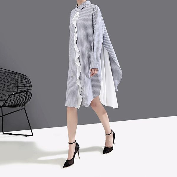 

autumn fake two-piece full blouse mid-length slim loose striped panel chiffon dresses women casual, Black;gray