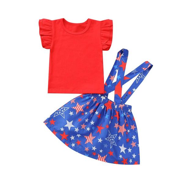 

toddler baby girl independence day's clothing short-sleeved strap skirt print classic round neck 0-4years sets, White