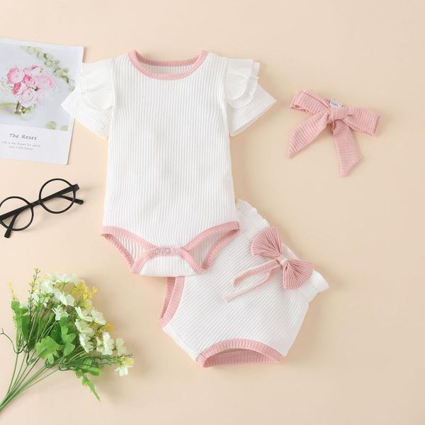 

clothing sets infant baby boys girls summer kids ribbed knitted ruffles short sleeve romper +shorts+headbands tracksuits, White