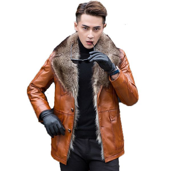 

men's leather & faux jacket men genuine sheepskin coat winter natural raccoon fur luxury warm jackets chaqueta hombre my1661 8u33, Black