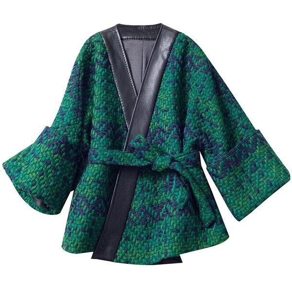 

women's wool & blends french lazy style pathwork colored jacquard knitted autumn and winter wrap oversized lace up jacket female v-neck, Black