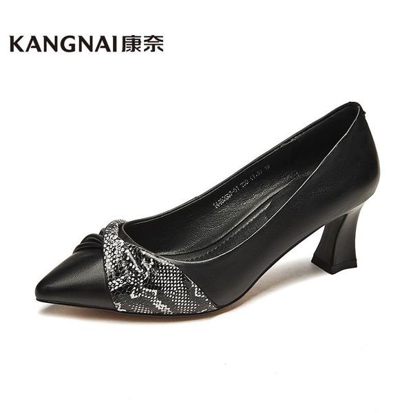 

dress shoes kangnai women's pumps pointed toe genuine leather shallow slip-on ladies spring autumn bowknot high heel, Black
