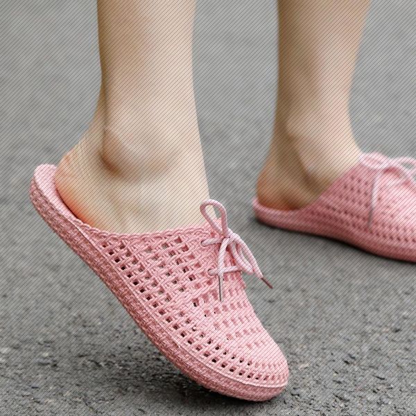 

women's summer slippers indoor lovely lace up flat bottom soft soled loopholes beach casual sandals, Black