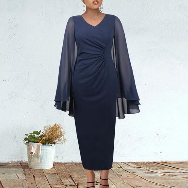 

casual dresses summer v-neck splicing perspective office lady net yarn long sleeve solid color high waist african women's dress folds 2, Black;gray
