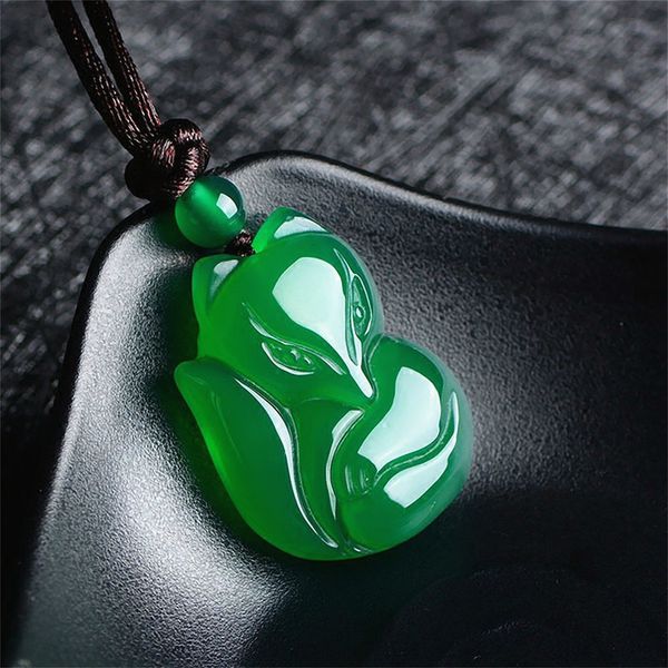 

natural green chalcedony fox jade pendant necklace chinese carved charm jewellery accessories fashion amulet for men women gifts, Silver