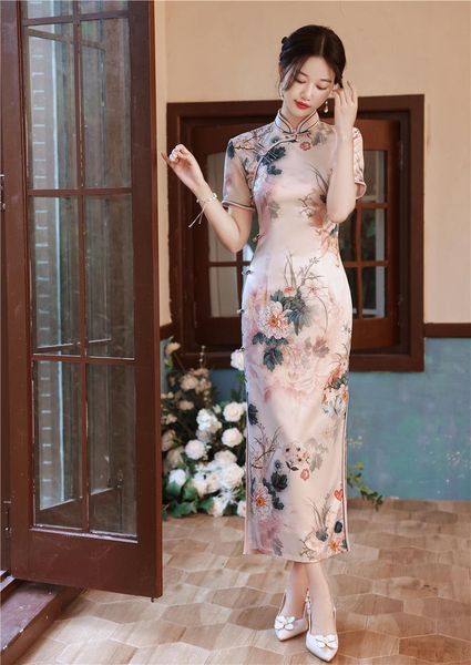 

ethnic clothing satin floral printed elegant cheongsams slim high split qipao mandarin collar oriental beauty chinese dress women prom, Red