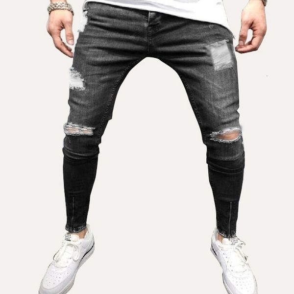 

jeans men ripped slim fit hi-street mens knee holes distressed denim joggers skinny pants male fashion vintage, Blue