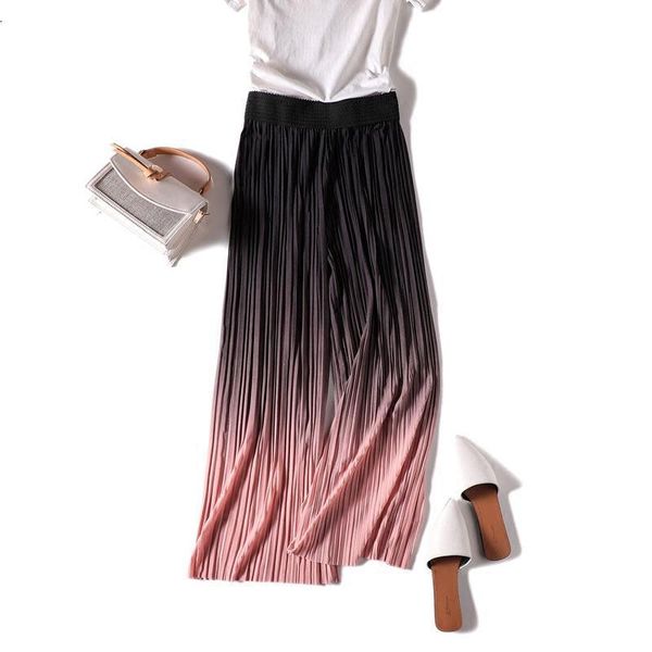 

women's pants & capris summer women chiffon wide leg pant fashion ankle-length pleated female eastic waist thin trousers, Black;white