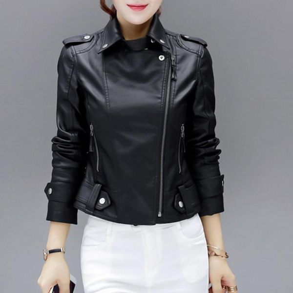 

women's jackets 2021 fashion women autumn winter black faux leather zipper basic coat turn-down collar jacket, Black;brown