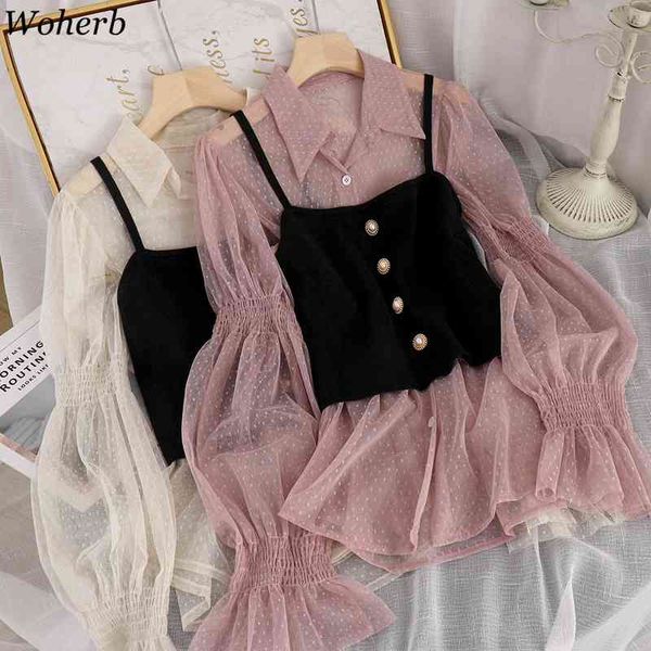 

outfits women puff long sleeve gauze see thorugh blouse sling crop two-piece sets female chic suit femme roupas 210422, White