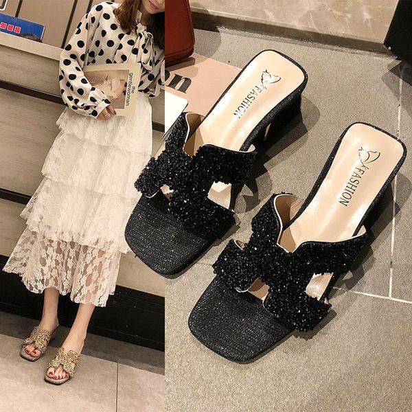 

nice summer women slippers high heels full of bling elegant shoes woman ladies party club dinner dress flip flops, Black