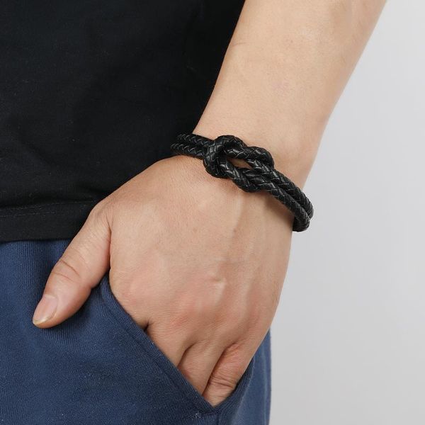 

link, chain european and american fashion retro braided leather bracelet stainless steel three-section magnet buckle men's, Black