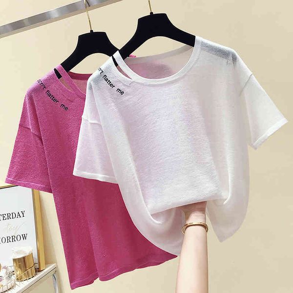 

summer women's short sleeves letter o neck thin knitted t-shirt tee girls pullover casual tees a2880 210428, White