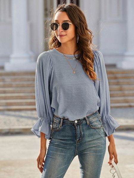 

solid keyhole back flounce sleeve blouse r3ki#, White