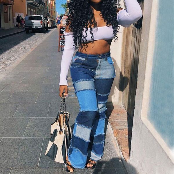 

women's patch flare jeans hight waist bell bottom hem denim pants vintage fashion trousers nyz shop, Blue
