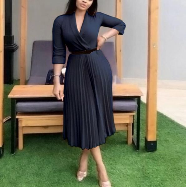 

casual dresses elegant streetwear pleated wrap dress 3/4 sleeve v neck swing midi fall 2021 african long for women, Black;gray