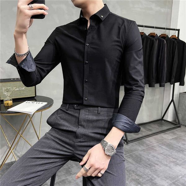 

solid color shirts for men formal business casual dress shirt fashion long sleeve social party blouse white camisa masculina 210527, White;black