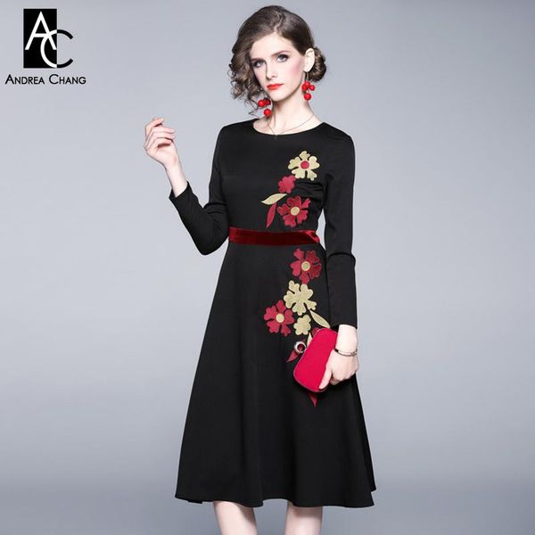 

casual dresses -xxl spring autumn woman dress red golden flower pattern embroidery black over knee calf length long vintage event, Black;gray