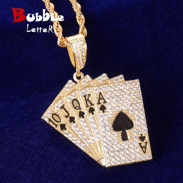 

poker card shape pendant necklace with tennis chain charm bling cubic zircon men's hip hop rock jewelry chains, Silver