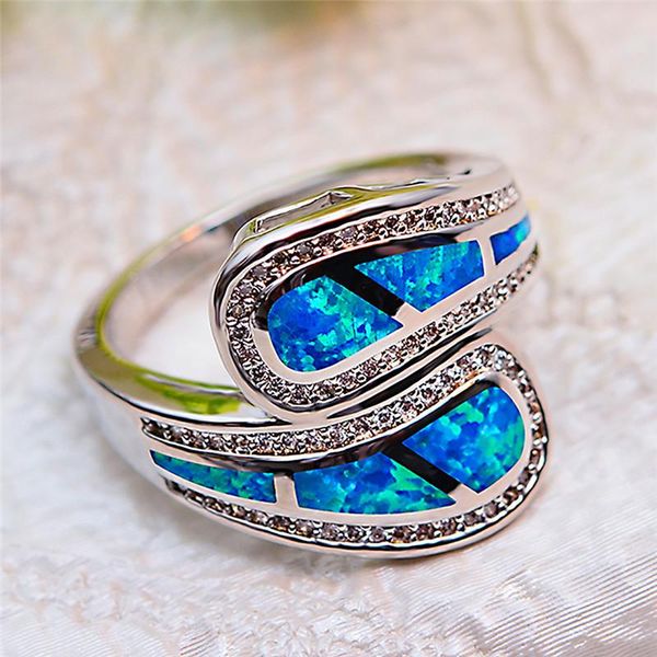 

wedding rings luxury female white blue fire opal ring unique 925 sterling silver band promise engagement for women, Slivery;golden