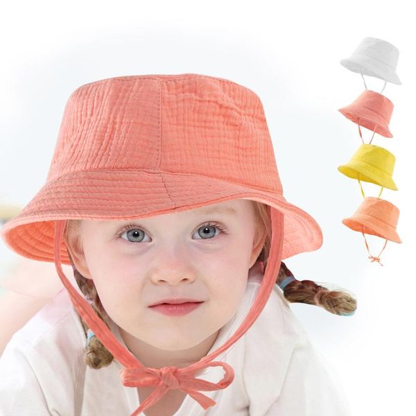 

caps & hats kids baby girls bucket hat summer ribbde solid sunscreen sunshade beach sun multicolor casquette enfant accessories, Yellow