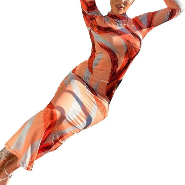 

casual dresses women printed turtleneck long sleeve maxi dress autumn winter women's bodycon streetwear outfits orange, Black;gray