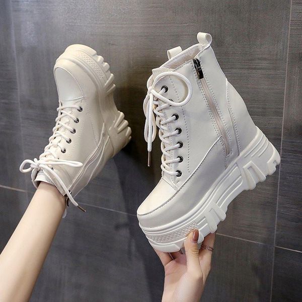 

boots 2021 woman ankle internal increase heel shoes women lace up winter autumn daily short footwear size 34-3, Black