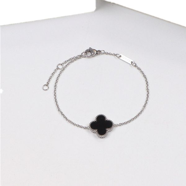 

Fashion 925 Sterling Silver Chain Women Van Four-Leaf Clover Single Flower Cleef Bracelet Titanium Steel 14K Bracelets Arpels Gift With Box B3, Black