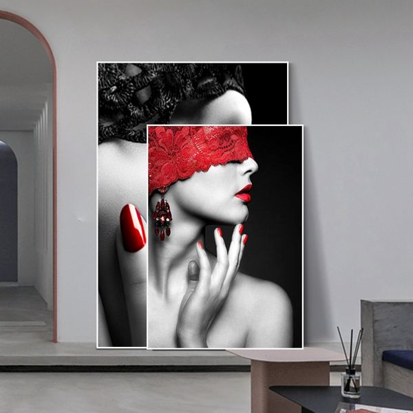 Современные моды сексуальные красные губы холст живопись женщины плакаты и печатает гостиная спальня стены искусства картинки дома украшения бар
