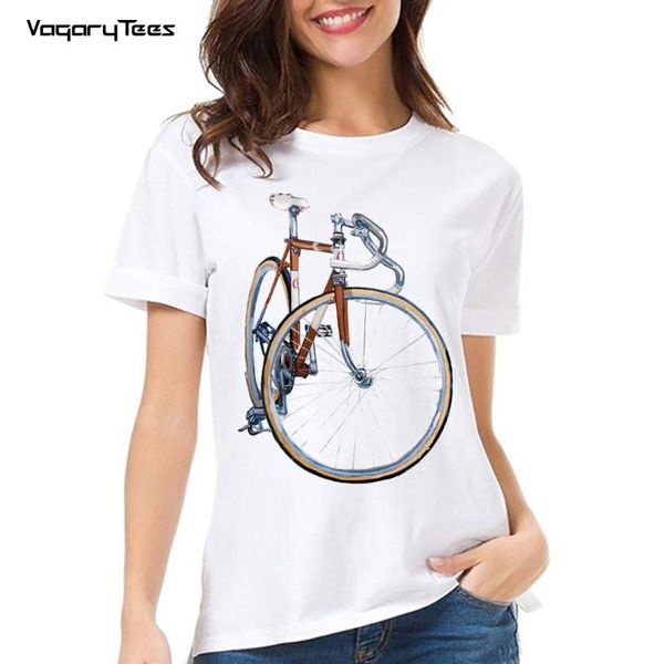 

women's t-shirt summer short sleeve vintage hand-painted bike art print classic fixed gear bicycle casual, White