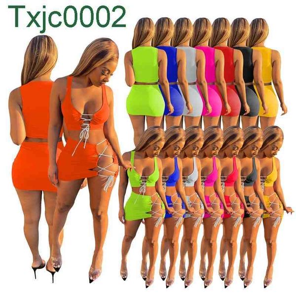 Frauen 2 Stück Kleid Set Designer Einfarbig Frühling Sommer Schlank Sexy Strand Kleidung Ärmellose Rock Spitze Up Anzug