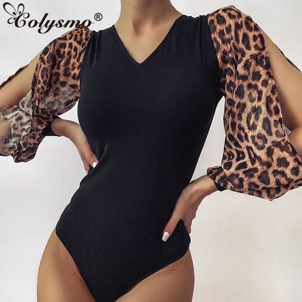 Colysmo Leopard Body Top See Through Cut out Lantern Sleeve Print Scollo a V Patchwork Bodycon Pagliaccetto Donna High Street Wear 210527