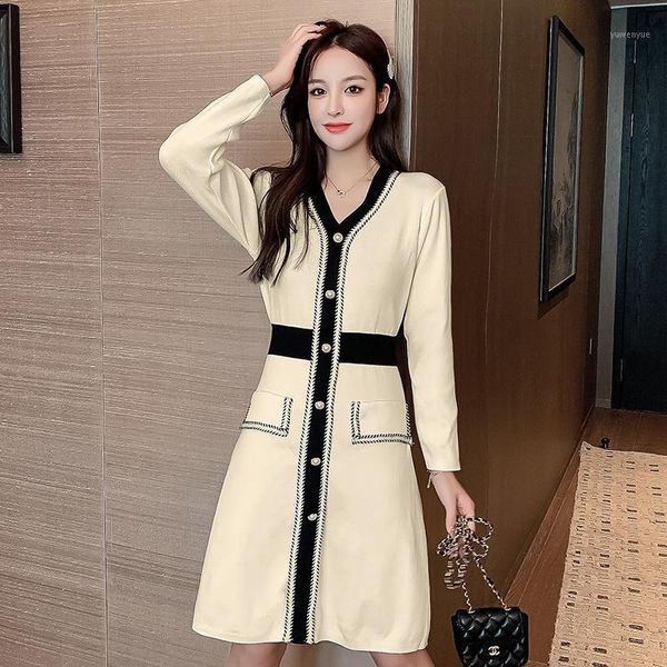 

casual dresses 2021 autumn mid-length v-neck color matching long-sleeved knitted sweater dress with waist and thin temperament, Black;gray