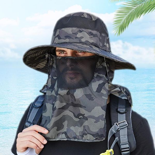 

wide brim hats men's camouflage fishing hat breathable mesh outdoor hiking uv protection face neck flap man sun cap, Blue;gray