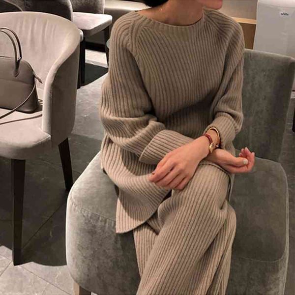 

fashion winter women's thicken warm knitted pullover sweater two-piece suits+high waist loose wide leg pants set 571f 210420, White;black